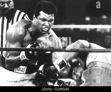 FILE - un file immagine datata 30 ottobre 1974 ci mostra boxer Muhammad Ali (L) bonifica pesante il suo titolo di campione del mondo battendo il suo avversario George Foreman a Kinshasa, Zaire. Nato Cassio argilla, boxe leggenda Muhammad Ali, soprannominato 'il più grande, ' morì il 03 giugno 2016 a Phoenix, Arizona, Stati Uniti d'America, all'età di 74, una famiglia portavoce ha detto. Foto: dpa Foto Stock