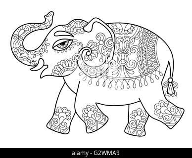 Etnica elefante indiano linea disegno originale, adulti colorazione bo Illustrazione Vettoriale