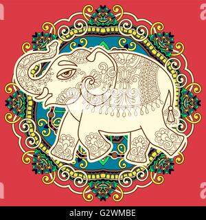 Etnica elefante indiano disegno disegno sul cerchio floral paisley Illustrazione Vettoriale