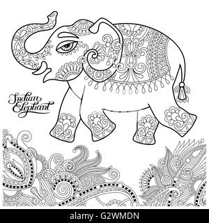 Etnica elefante indiano linea disegno originale, adulti colorazione bo Illustrazione Vettoriale