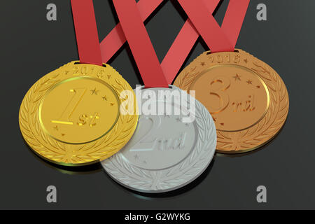 Oro, Argento e medaglie di bronzo 2016, 3D rendering isolati su sfondo nero Foto Stock