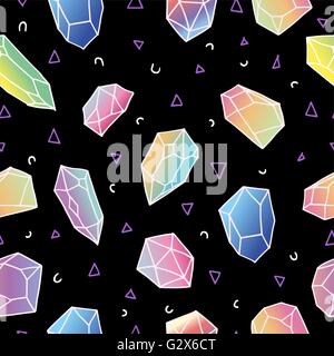 Moderno 80s style seamless pattern di cristallo colorato pietre minerali in tenui colori pastello, semplice disegnato a mano rocce di diamante Illustrazione Vettoriale