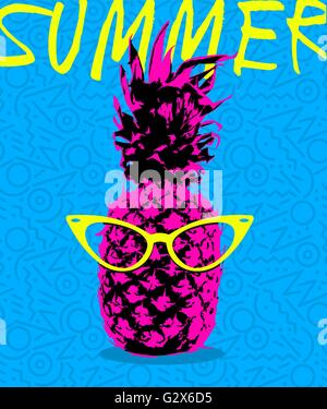 Retrò degli anni ottanta il concetto di estate illustrazione di ananas frutta con hipster occhiali e memphis lo stile di sfondo di forme Illustrazione Vettoriale