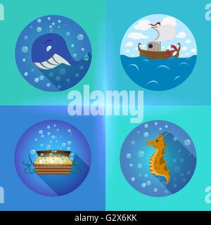 Il tema del mare le icone di Piana Illustrazione Vettoriale