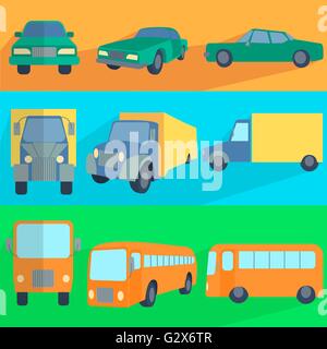 Piatto le icone di set di simboli auto, camion, autobus Illustrazione Vettoriale