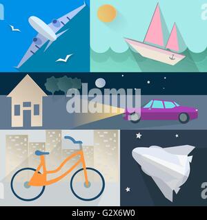 Impostare flet, trasporto aereo, auto, barca, home, bike, rucola, mare, alberi Illustrazione Vettoriale