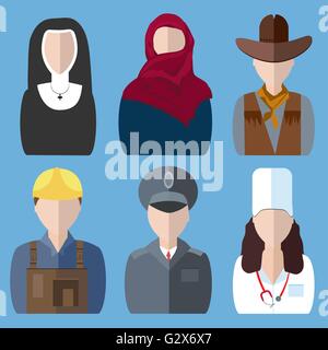 Icone di persone infermiera, nun, polizia, cowboy, builder, donna araba Illustrazione Vettoriale