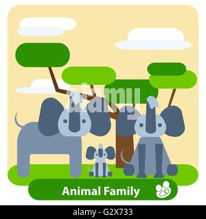 Famiglia di elefanti, albero, sfondo, nuvole. Illustrazione Vettoriale