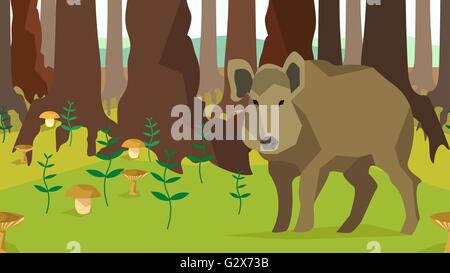 Il cinghiale in foresta con alberi, fungo, seamless, gli animali, la natura Illustrazione Vettoriale