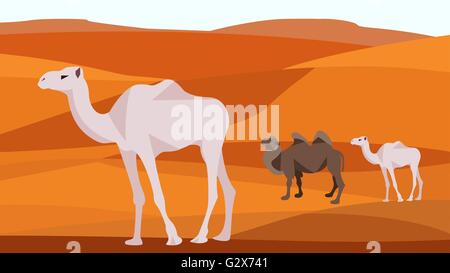 Cammello nel deserto, colline di sabbia, dune, gli animali e la natura Illustrazione Vettoriale