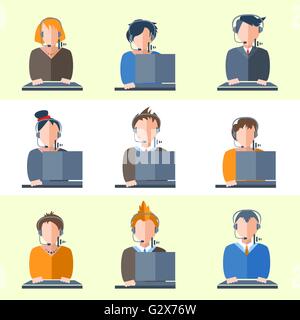 Impostare operatori call center cuffie, computer, le persone, le ragazze e i ragazzi, le donne e gli uomini Illustrazione Vettoriale