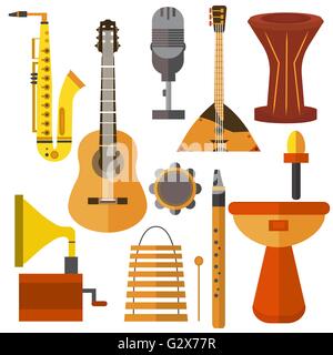 Impostare gli strumenti musicali chitarra, il grammofono, tromba, microfono, balalaika Illustrazione Vettoriale
