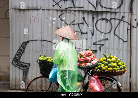 Signora vietnamita indossando mac in plastica e le tradizionali hat per la vendita di frutta in Hanoi old quarter,Vietnam,Asia Foto Stock