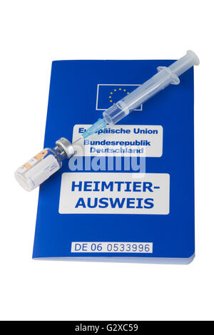 Una siringa e un flaconcino su un passaporto europeo per gli animali domestici, Germania Foto Stock