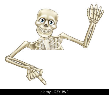 Uno scheletro di Halloween personaggio dei fumetti peeking oltre un segno e che puntano ad esso e agitando la mano Foto Stock