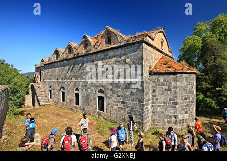 La vecchia chiesa greco-ortodossa di Panagia Pyrgiotissa nel "villaggio fantasma' di Kayakoy Lycia, Provincia di Mugla, Turchia. Foto Stock