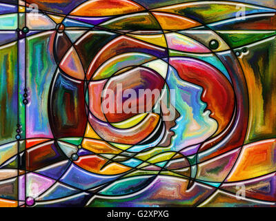 Pensare divisa serie. Composizione di profili umani e vetrate colorate linee con rapporto metaforico alla mente, scienza, Foto Stock