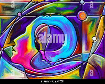 Pensare divisa serie. Composizione di profili umani e vetrate colorate linee con rapporto metaforico alla mente, scienza, Foto Stock