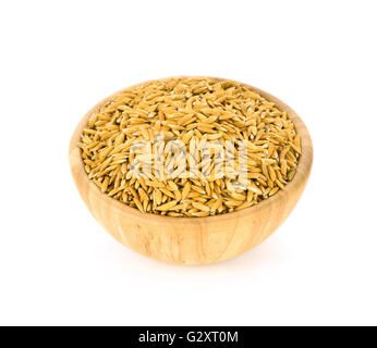 Paddy in una ciotola di legno isolato su sfondo bianco Foto Stock