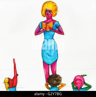 Bambino - disegno insegnante femmina e gli alunni delle scuole di formazione in classe del disegno a mano con la penna e pennarello Foto Stock