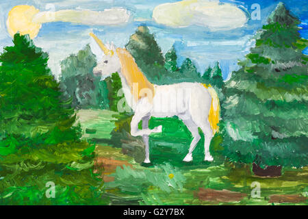 Bambino - verniciatura FATA unicorno bianco in verde foresta di abeti dipinte a mano da acquerello gouache aquarelle Foto Stock
