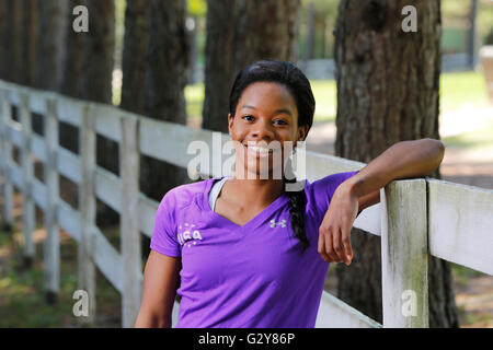 Gabby Douglas a Karolyi Ranch, Stati Uniti ginnastica Team Nazionale Centro di Formazione in Sam Houston National Forest. Foto Stock