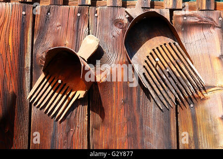 Antico stile vecchio oggetto retrò assemblage su una parete in legno. stile rustico. Rastrello in mirtilli. Foto Stock