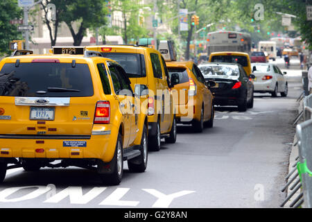 Nonostante il rapido aumento di Uber e Lyft e caduta nel medaglione costi il taxi giallo rimane onnipresente nella città di New York Foto Stock