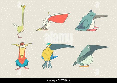 Set di Cartoon carino bird isolati su sfondo bianco. Vettore illustrazione degli animali. Illustrazione Vettoriale