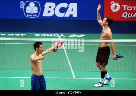 Jakarta, DKI Jakarta, Indonesia. 5 Giugno, 2016. JAKARTA, Indonesia - 05 giugno : Lee Chong Wei della Malesia felice dopo la vittoria di Jan O Jorgensen della Danimarca durante gli uomini single in Indonesia Open 2016 a Jakarta, Indonesia il 05 giugno 2016. Lee Chong Wei di vincere la Malaysia Indonesia Badminton aperto con cliente 17-21, 21-19 e 21-17. © Sijori Immagini/ZUMA filo/Alamy Live News Foto Stock