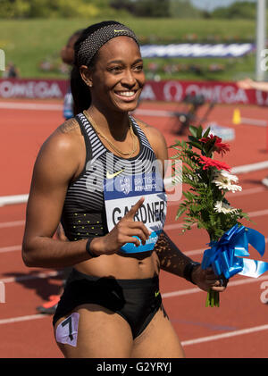 Alexander Stadium, Birmingham, Regno Unito. 05 Giugno, 2016. IAAF Diamond League Birmingham. Gardner in inglese (USA) Mondo Classificato n. 7 dopo aver vinto le Donne 100m, 2016 IAAF Diamond League, Birmingham © Azione Sport Plus/Alamy Live News Foto Stock