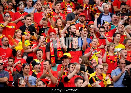 Bruxelles, Belgio. 05 Giugno, 2016. Calcio internazionale amichevole. Belgio contro la Norvegia. Sostenitori e tifosi durante la international amichevole tra Belgio e Norvegia prima della UEFA campionato europeo EURO 2016 in Francia . Il Belgio è venuto da dietro per vincere la partita 3-2 Credito: Azione Sport Plus/Alamy Live News Foto Stock