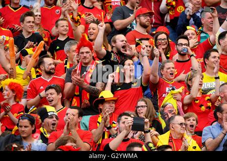 Bruxelles, Belgio. 05 Giugno, 2016. Calcio internazionale amichevole. Belgio contro la Norvegia. Sostenitori e tifosi durante la international amichevole tra Belgio e Norvegia prima della UEFA campionato europeo EURO 2016 in Francia . Il Belgio è venuto da dietro per vincere la partita 3-2 Credito: Azione Sport Plus/Alamy Live News Foto Stock