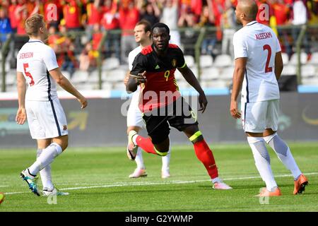 Bruxelles, Belgio. 05 Giugno, 2016. Calcio internazionale amichevole. Belgio contro la Norvegia. Romelu Lukaku del Belgio festeggia i suoi primi al traguardo su 3 minuto . Il Belgio è venuto da dietro per vincere la partita 3-2 Credito: Azione Sport Plus/Alamy Live News Foto Stock