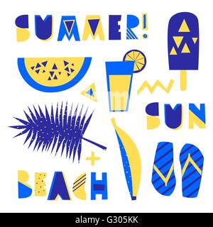 Un set di tribali estate geometrica gli elementi di design. Lettere decorative, anguria, gelati e altri simboli di estate in blu e Illustrazione Vettoriale