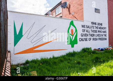 Belfast murale in commemorazione di tutti coloro che hanno dato la loro vita per la causa della libertà irlandese dal 1916 al 2016. Foto Stock