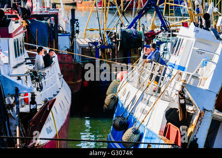 Quattro equipaggi filippini hanno una conversazione tra due navi per la pesca a strascico in un affollato porto di pescatori. Foto Stock