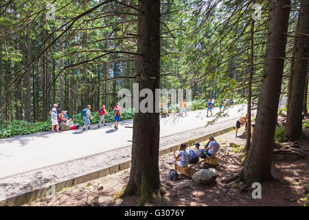 Gruppo di turisti a camminare sulla strada di Morskie Oko lago, Czarny Staw e Rysy in Alti Tatra vicino a Zakopane, Polonia Foto Stock