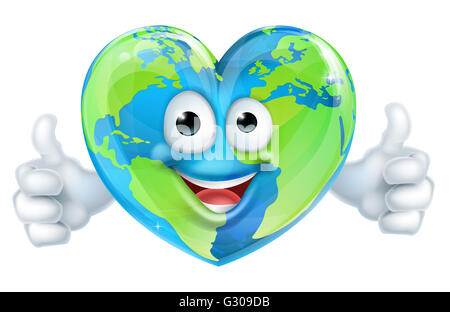 Un mondo felice giornata della terra cuore mascotte cartoon globo dando carattere pollice in alto Foto Stock