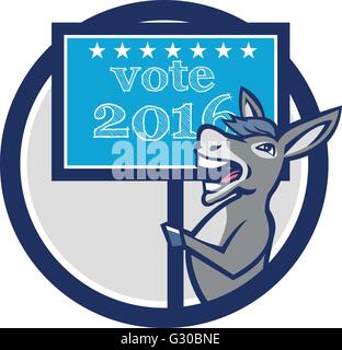 Illustrazione di un Democrat mascotte asino dei democratici di grand old party gop sorridente tenendo un cartello cartello con voto 2016 e stelle imposta cerchio interno realizzato in stile cartoon. Illustrazione Vettoriale