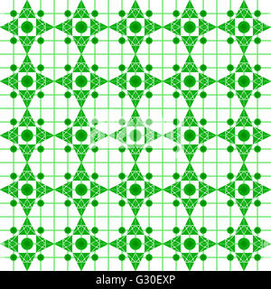 Verde geometrica pattern con triangoli e cerchi su una griglia con sfondo bianco. Foto Stock