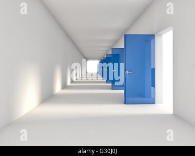 3d di aprire porte blu sullo sfondo Foto Stock