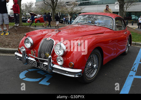 Un'annata 1958 Jaguar sul display in un'auto show. Foto Stock