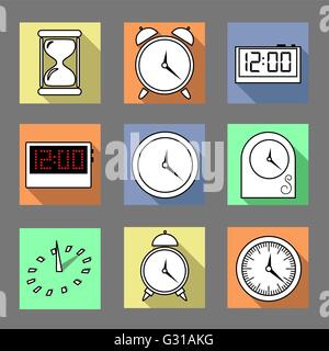 Vettore. Set di orologi grafica icone. Sun clock, orologio digitale, Orologio da tavolo, sveglia, orologio di sabbia. Illustrazione isolato Illustrazione Vettoriale