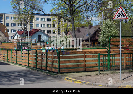 VILNIUS, Lituania - 06 Maggio 2016: cartello stradale - Attenzione bambini - vicino alla scuola di sport su terra P. Skorinos (Skorina ha publ Foto Stock
