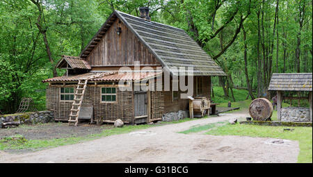VILNIUS, Lituania - 15 Maggio 2016: Museo Etnografico di un retrò Attrezzature agricole , gli strumenti e gli edifici nel territorio Foto Stock