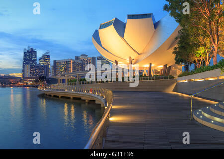 Vista su Marina Bay con i dock sul primo piano. Moderna architettura della città di notte Foto Stock