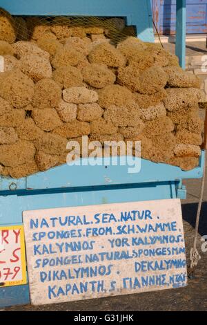 Spugne di mare (Hippospongia / Spongia spp.) da Kalymnos in vendita in Lipsi porto cittadino, Lipsi, isole Dodecanesi, Grecia. Foto Stock
