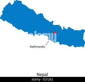 Dettaglio mappa vettoriale del Nepal e la città capitale Kathmandu Illustrazione Vettoriale