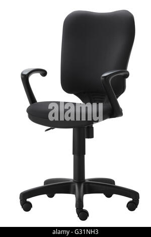 Vista laterale del ufficio nero sedia girevole su ruote con un meccanismo per la regolazione in altezza. Isolato su sfondo bianco. Ch. Foto Stock
